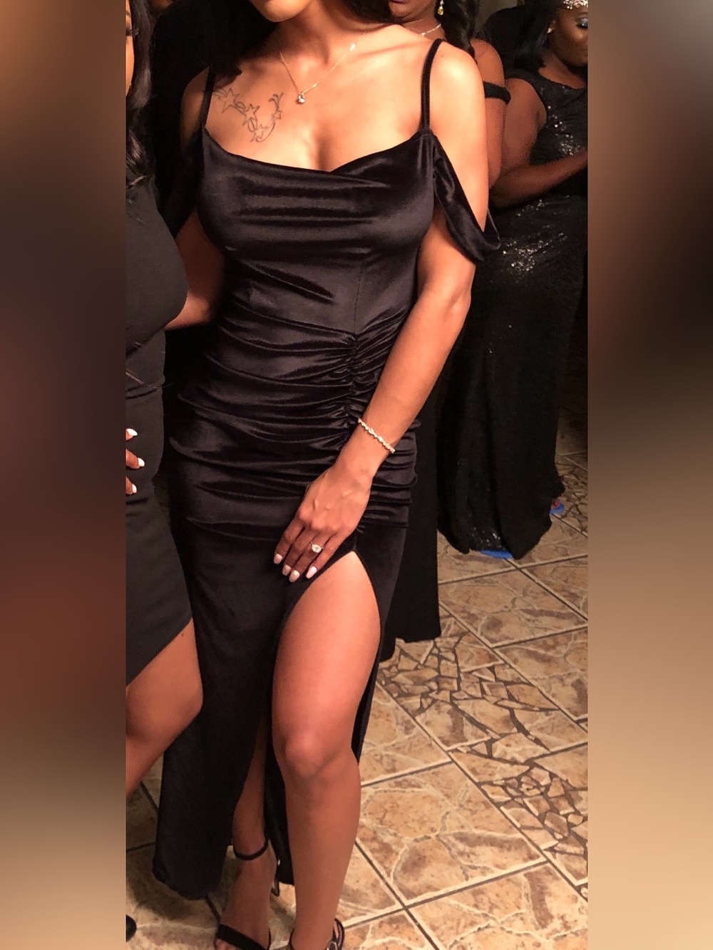 PrettyLittleThing Black Velor Ruched High-Slit Evening Dress